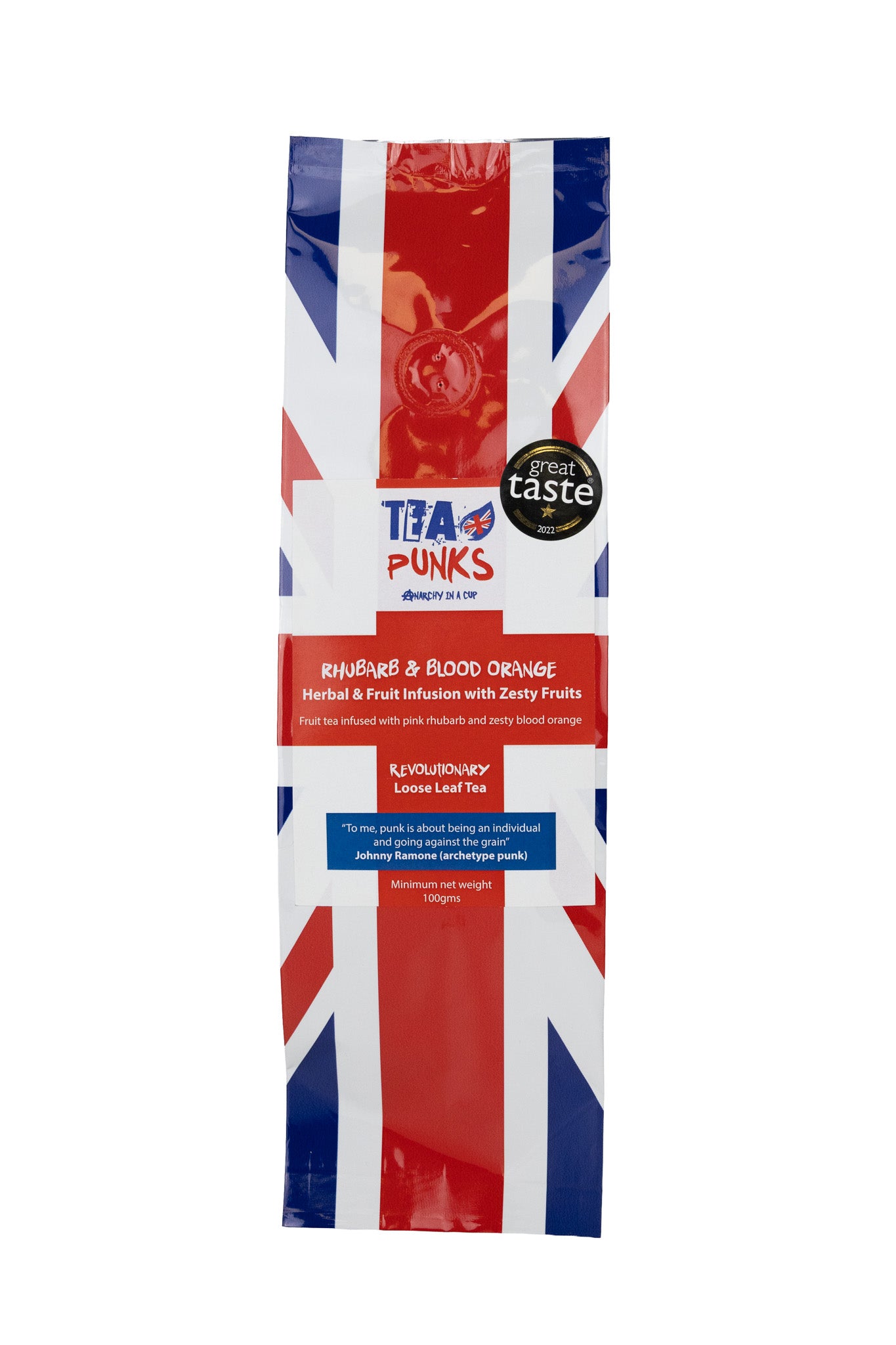 A single packet of Tea Punks Blood Orange herbal tea, featuring a Union Jack flag design in red, white, and blue with product branding and a 'great taste' badge.