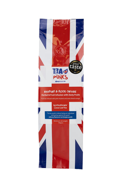 A single packet of Tea Punks Blood Orange herbal tea, featuring a Union Jack flag design in red, white, and blue with product branding and a 'great taste' badge.